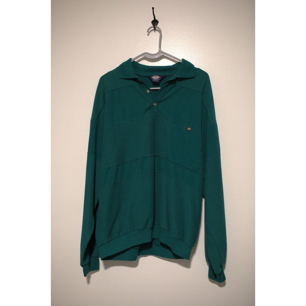 Vintage Knights Bridge Mens Green Ribbed Long Sleeve Polo Shirt Large Retro 90s